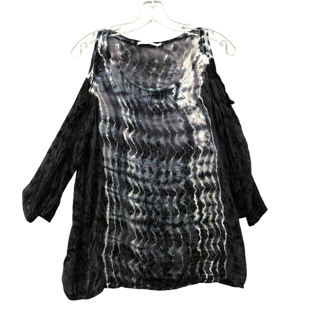 Language Silk Blend Cold Shoulder Tunic Top Womens M Black Blue Tie‎ Dye